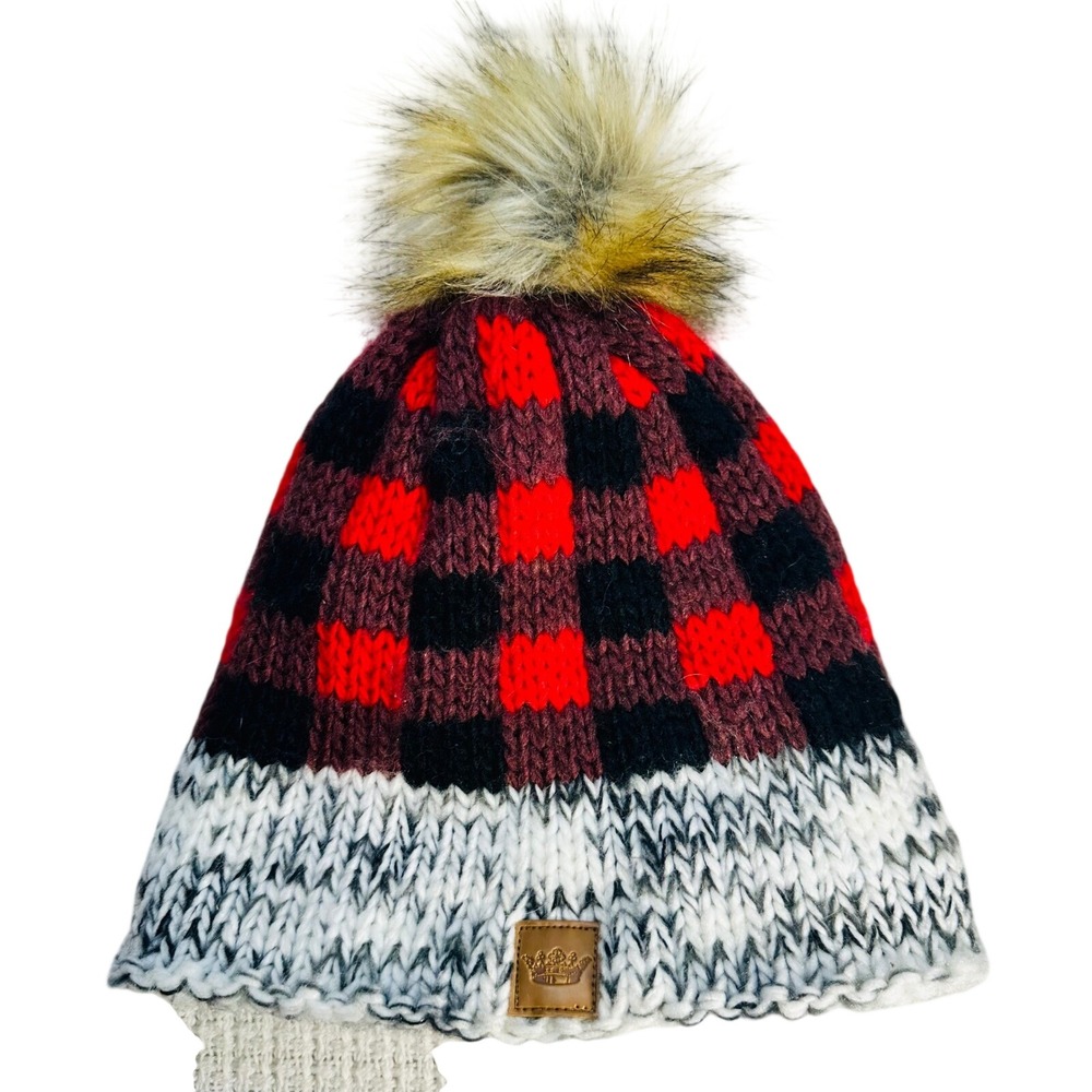 Red Black Buffalo Plaid Knit Beanie with Faux Fur Pom‎ Pom - Classic